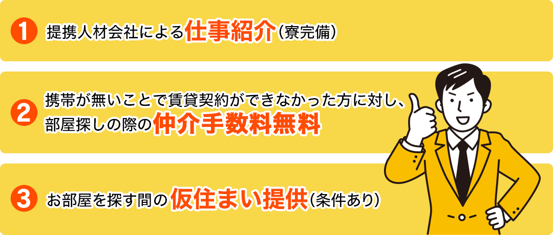 ①携帯が無いことで賃貸契約ができなかった方に対し、部屋探しの際の仲介手数料無料②お部屋を探す間の仮住まい提供（条件あり）③提携人材会社による仕事紹介